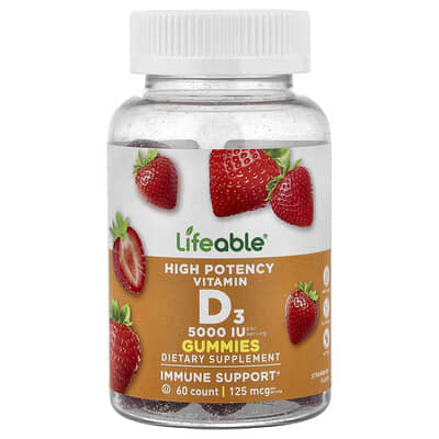 High Potency Vitamin D3 Gummies, Strawberry, 60 Gummies (62.5 mg (2,500 IU) per Gummy)