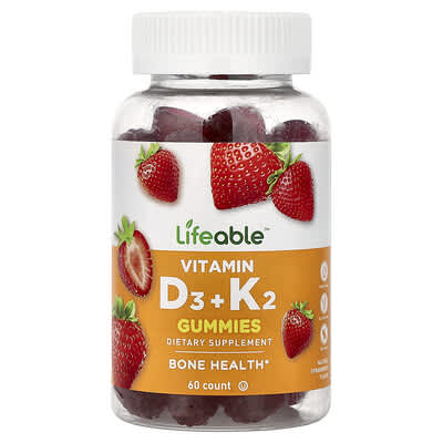 Vitamin D3 + K2 Gummies, Natural Strawberry, 60 Gummies