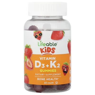 Kids, Vitamin D3 + K2 Gummies, Strawberry, 60 Gummies
