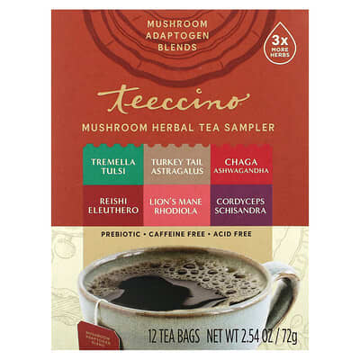 Набор травяного грибного чая Teeccino, 6 вкусов, без кофеина, 12 чайных пакетиков, 2.54 oz (72 g)