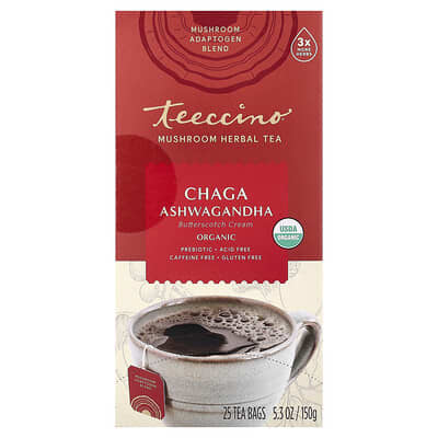 Organic Mushroom Herbal Tea, Chaga Ashwagandha, Butterscotch Cream, Caffeine Free, 25 Tea Bags, 5.3 oz (150 g)