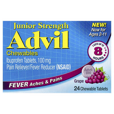 Junior Strength, таблетки Ibuprofen, для детей 2-11 лет, виноград, 100 mg, 24 жевательные таблетки