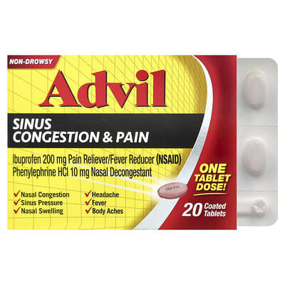 Таблетки Advil от заложенности носа и боли, 20 покрытых таблеток