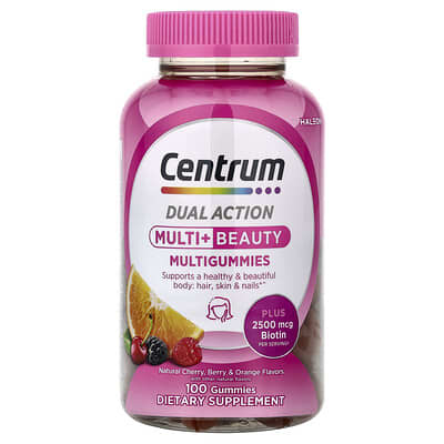 Мультивитамины Centrum Dual Action, Multi + Beauty Multigummies, Natural Cherry, Berry & Orange, 100 Gummies