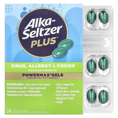Средство от простуды и аллергии Alka-Seltzer Plus, быстрые гели, максимальная сила, 24 мягкие капсулы