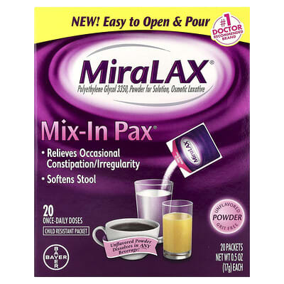 MiraLAX Mix-In Pax®, без вкуса, 20 пакетиков по 0.5 oz (17 g)