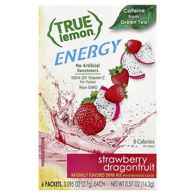 True Lemon®, Energy, Strawberry Dragonfruit, 6 Packets, 0.095 oz (2.7 g) Each