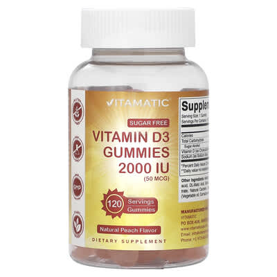 Vitamin D3 Gummies, Sugar Free, Natural Peach, 50 mcg (2,000 IU), 120 Gummies
