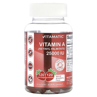 Vitamatic Витамин A (ретинилпальмитат), натуральная клубника, 25,000 IU, 120 Gummies