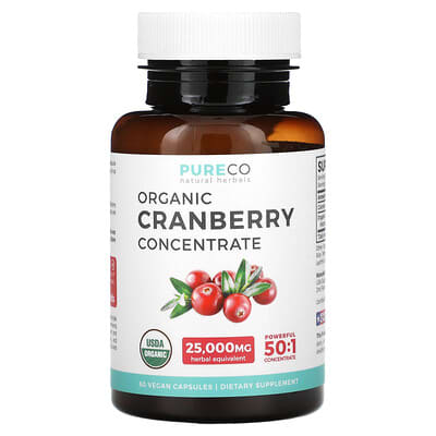 Pure Co. Органический концентрат клюквы, 60 веганских капсул (500 mg в капсуле)