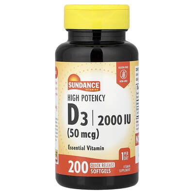 Витамин D3, High Potency, 50 mcg (2,000 IU), 200 мягких капсул Sundance Vitamins