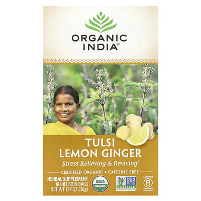 Tulsi Lemon Ginger Tea, Caffeine-Free, 18 Infusion Bags, 1.27 oz (36 g)