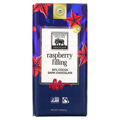 Темный шоколад Endangered Species Chocolate с малиновой начинкой, 60% Cocoa, 3 oz (85 g)