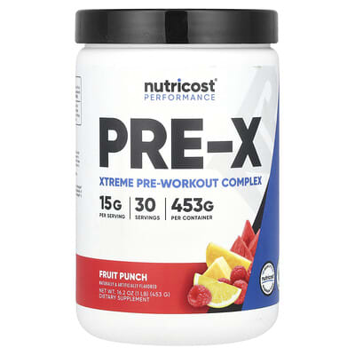 Предтренировочный комплекс Nutricost Performance PRE-X Xtreme Pre-Workout Complex, Fruit Punch, 1 lb (453 g)