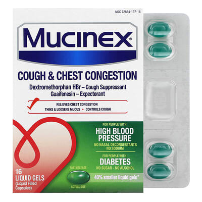 Средство от кашля и заложенности в груди Mucinex, 16 жидких капсул