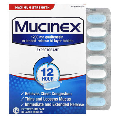 Mucinex Средство от заложенности грудной клетки, максимальная сила, 1,200 mg, 14 таблеток пролонгированного действия