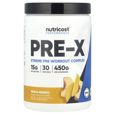Nutricost комплекс Performance, Pre-X, Xtreme Pre-Workout, Peach Mango, 1 lb (450 g)