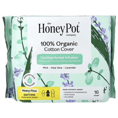 100% Organic Cotton Cover, Cooling Herbal Infusion, Daytime Pads with Wings, Heavy, 16 Count