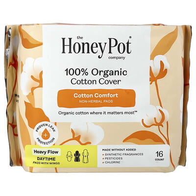 100% Organic Cotton Cover, Non-Herbal Daytime Pads with Wings, Heavy, 16 Count