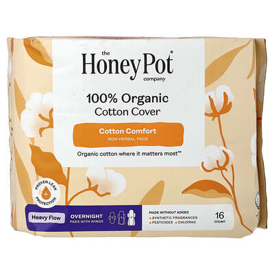 100% Organic Cotton Cover, Overnight Pads with Wings, Heavy, 16 Count