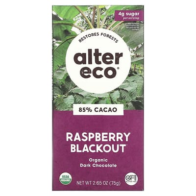 Alter Eco темный шоколад Raspberry Blackout, 85% Cacao, 2.65 oz (75 g)