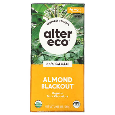 Alter Eco темный шоколад Almond Blackout, 85% Cacao, 2.65 oz (75 g)