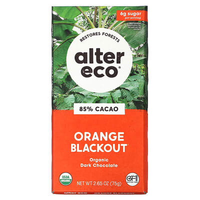 Батончик темного шоколада Organic Dark Chocolate, Orange Blackout, 85% Cacao, 2.65 oz (75 g)