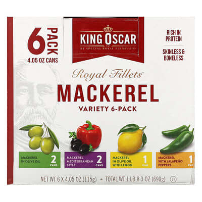Royal Fillets™, Mackerel Variety Pack, 6 Cans, 4.05 oz (115 g) Each