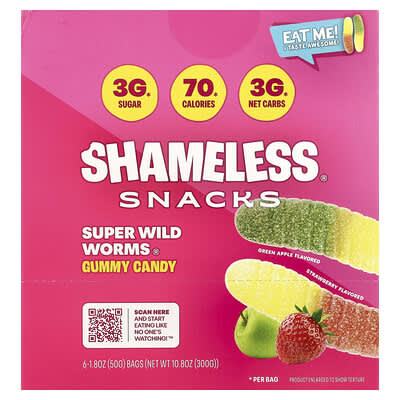 Super Wild Worms® Gummy Candy, Green Apple and Strawberry, 6 Bags, 1.8 oz (50 g) Each
