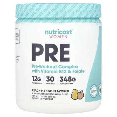 Женский комплекс для предтренировочных нагрузок Nutricost, Vitamin B12 & Folate, Peach Mango, 12.4 oz (348 g)