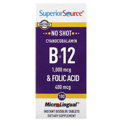Superior Source Cyanocobalamin B-12 & Folic Acid, 100 таблеток MicroLingual®