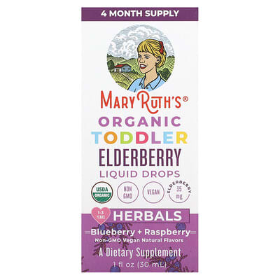 Organic Toddler Elderberry Liquid Drops, 1-3 Years, Blueberry + Raspberry, 1 fl oz (30 ml)