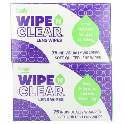 Влажные салфетки для очистки линз Wipe 'N Clear, 2 коробки по 75 салфеток