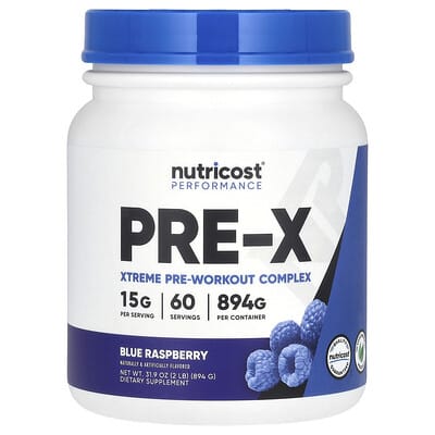 Nutricost PRE-X, экстремальный комплекс для предтренировочного периода, голубая малина, 2 lb (894 g)