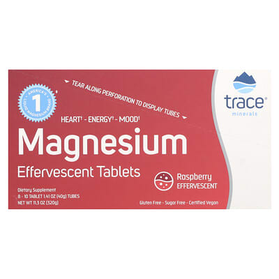 Магний Trace Effervescent Tablets, Raspberry, 8 Tubes, 10 Tablets Each