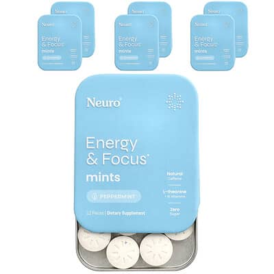 Mints, Energy & Focus, Peppermint, 6 Packs, 12 Pieces Each
