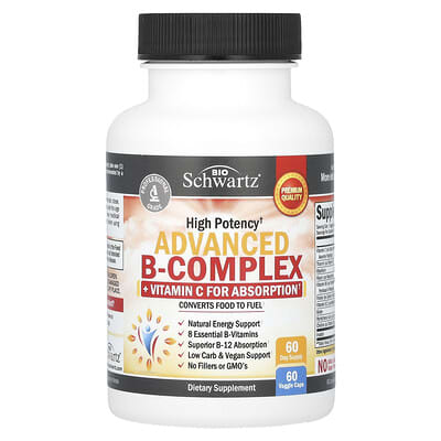 High Potency Advanced B-Complex, + Vitamin C for Absorption, 60 Veggie Caps