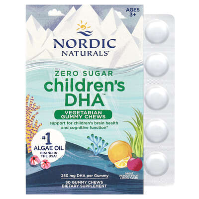 Zero Sugar Children's DHA™ Gummy Chews, Ages 3+, Passion Fruit Lemon, 250 mg, 30 Vegetarian Gummy Chews