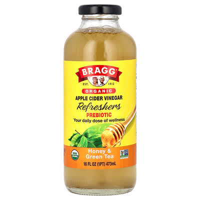 Bragg Органический яблочный уксус, пребиотик, мед и зеленый чай, 16 fl oz (473 ml)
