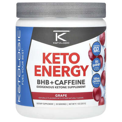KetoLogic Keto Energy, BHB + Caffeine, виноград, 9.1 oz (255 g)