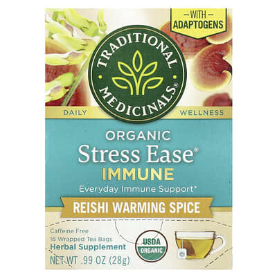 Organic Stress Ease® Immune, Reishi Warming Spice, Caffeine Free, 16 Wrapped Tea Bags, 0.99 oz (28 g)
