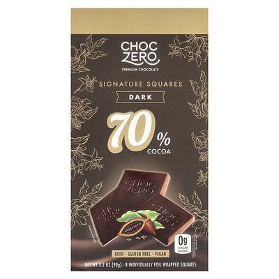 Шоколад ChocZero Signature Squares, Dark Chocolate, 70% Cocoa, 8 Squares 3.2 oz (90 g)