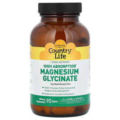 Country Life Magnesium Glycinate с двойным действием, высокая абсорбция, 90 таблеток