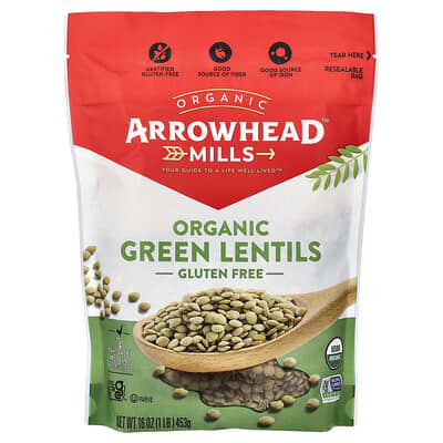 Organic Green Lentils, без глютена, 16 oz (453 g)