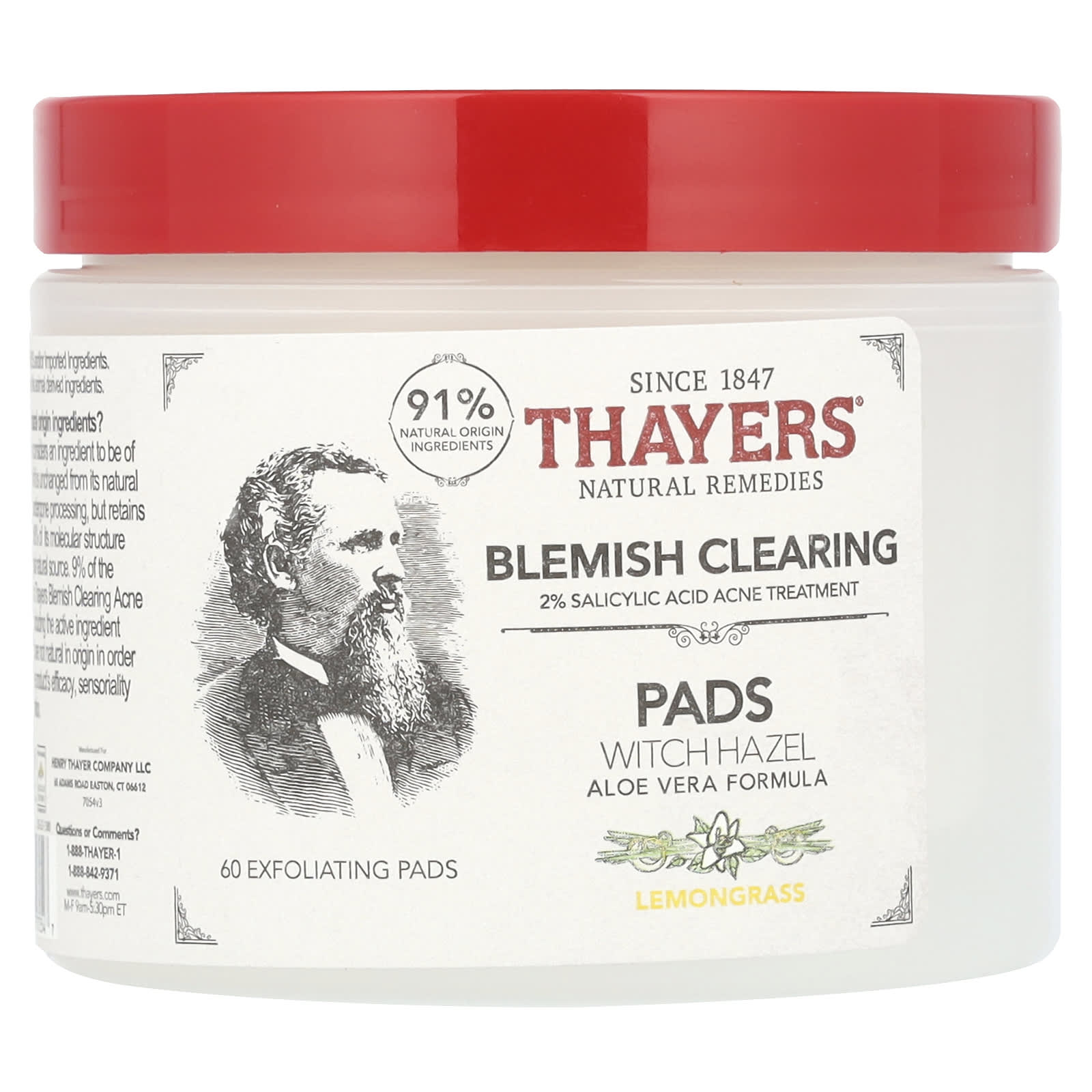 Очищающие диски Thayers Blemish Clearing Witch Hazel, Lemongrass, 60 шт.