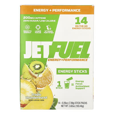 Энергетические стики JetFuel® Energy+Performance, Tropic Thunderburst, 14 шт., 0.26 oz (7.39 g) каждый