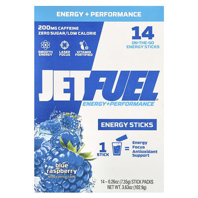 Энергетические стики JetFuel®, Energy + Performance, Blue Raspberry, 14 Stick Packs, 0.26 oz (7.35 g) Each
