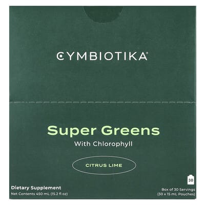 Cymbiotika Super Greens с хлорофиллом, цитрус-лайм, 30 пакетиков по 15 ml