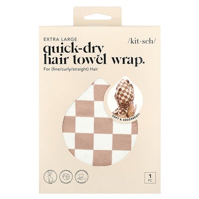 Quick-Dry Hair Towel Wrap, Extra Large, Terracotta Checker, 1 Wrap