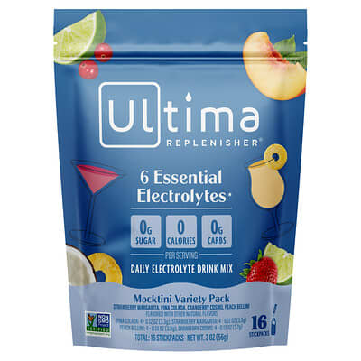 Набор электролитов Ultima Replenisher, 6 Essential Electrolytes, Daily Electrolyte Drink Mix, Mocktini Variety Pack, 16 Stickpacks, 2 oz (56 g)